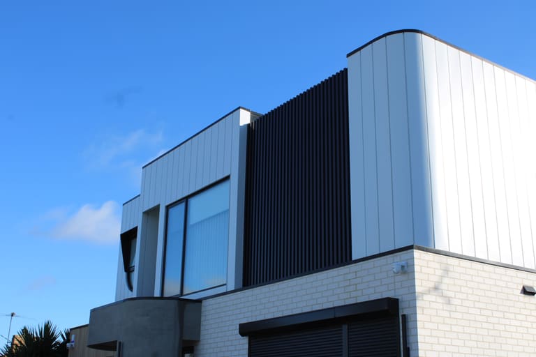 White vertical panel cladding and black batten screen